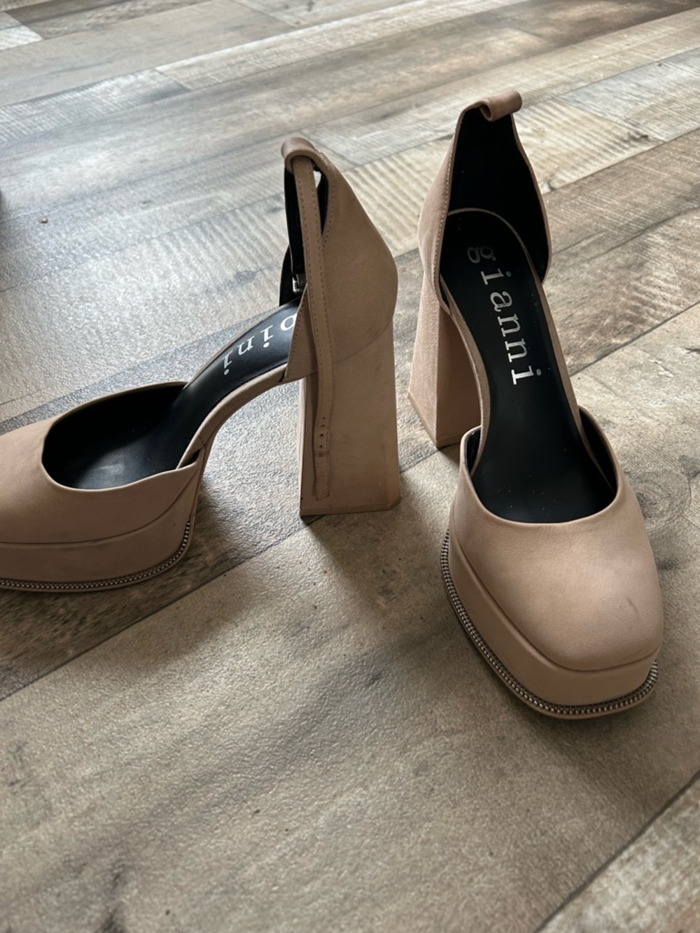 Ganni Taupe Platform Block Heel Pumps